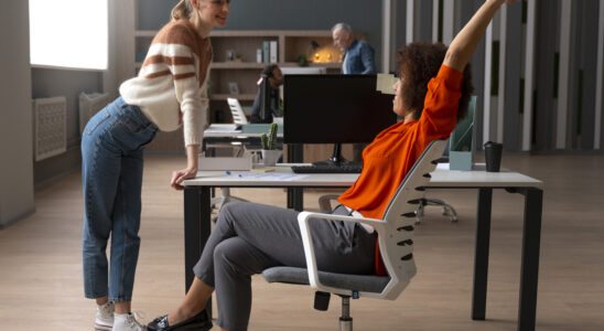 Duas mulheres interagindo de forma profissional em um escritório moderno, uma de pé e outra sentada na cadeira giratória, com expressão de conversa amigável.